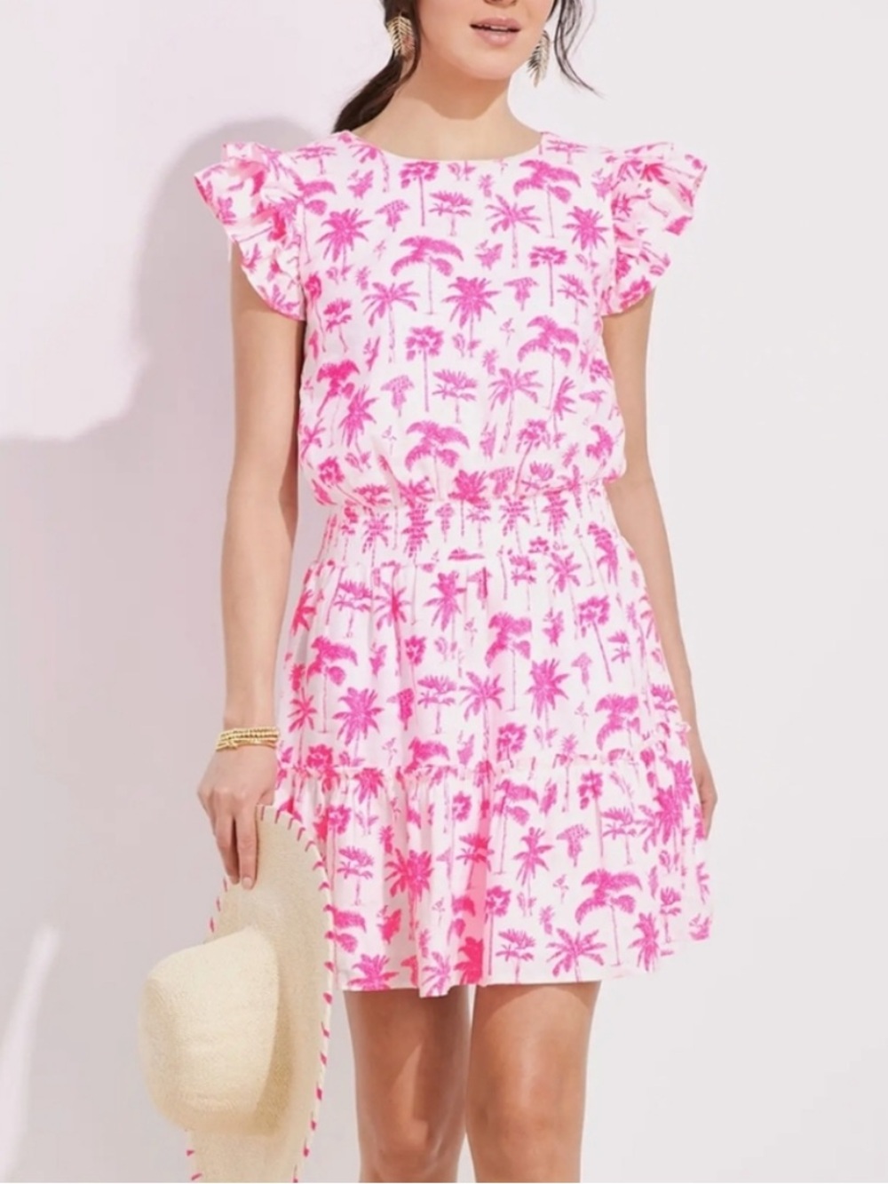 Vineyard Vines Pink Palms‎ & Palmeria Ruffle Sleeves Mini Dress Size Small